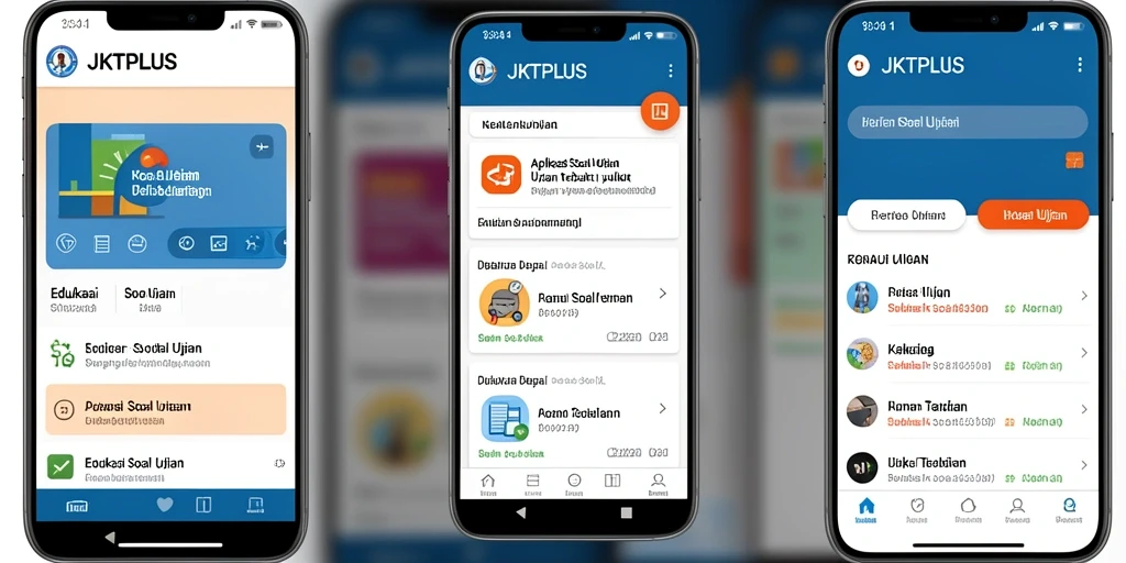 Tampilan antarmuka aplikasi JKTPLUS dengan berbagai soal ujian.